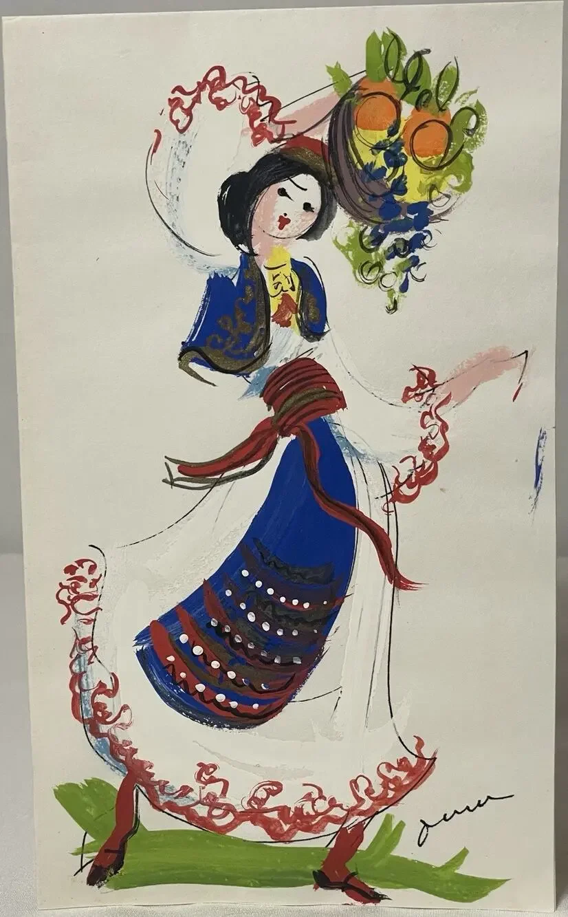 VTG Hand Painted Greeting Card w Envelope Woman Fruit Basket Folk Dress Mid OOAK